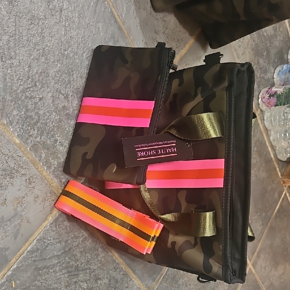 Haute Shore Camouflage Tote with Pink and Orange Stripes - Picture 2 of 3